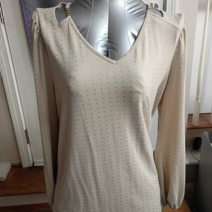Vintage Fred David Cream V-Neck Long Sleeve Top with Gold Chain  Accent Size XL